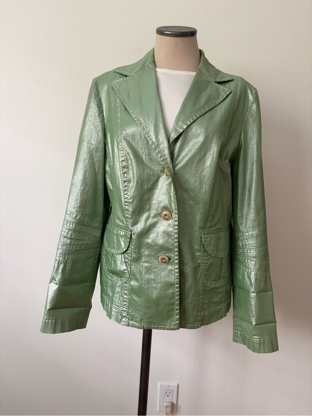 Women's Green Leather Blazer Jacket - Tailored Button-Front Coat